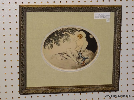 "AU REVOIR" BY LOUIS ICART; OVAL PRINT DEPICTS A WOMAN SITTING DOWN UNDERNEATH A TREE, WAVING