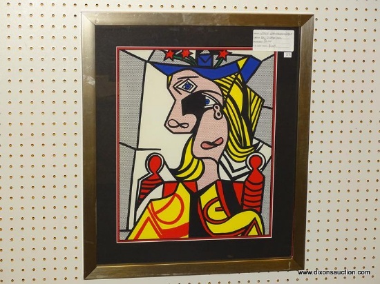 "WOMAN WITH FLOWERED HAT" BY ROY LICHTENSTEIN; FRAMED GICLEE PRINT DEPICTS AN ABSTRACT POP ART WOMAN