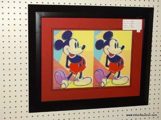 DOUBLE MICKEY FRAMED GICLEE PRINT BY ANDY WARHOL; SHOWS A PAIR OF MICKEY MOUSES WITH AN ABSTRACT,