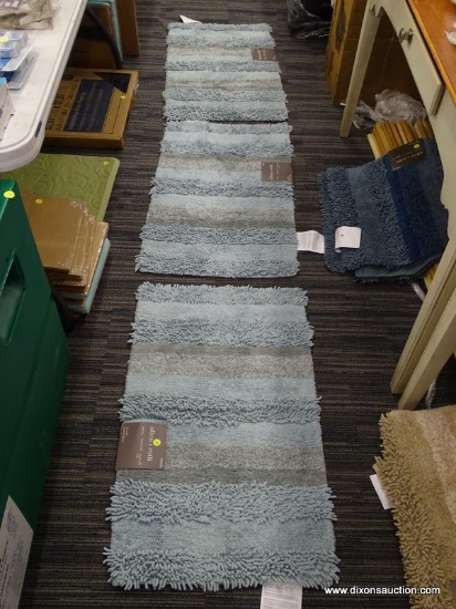 (R1) SET OF [3] ALLEN + ROTH AQUA COLORED BATH RUGS. MEASURES 34" X 20". EACH RETAILS FOR $24.98.