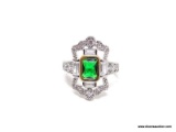.925 STERLING SILVER 2 CT CHATON EMERALD RING. SIZE 8