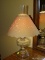 (MBED) LAMP; CONVERTED OIL LAMP WITH PAPER CUT OUT SHADE AND GLASS CHIMNEY- 19 IN H