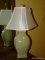 (MBED) LAMP- MINT GREEN PORCELAIN LAMP WITH SILK SHADE, HAS ORIGINAL PRICE TAG OF $149.95- 29 IN H
