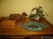 (MBED) CONTENTS ON TOP OF CHEST- LOT INCLUDES- BRASS AND PAINTED TRAY, SILK FLOWER ARRANGEMENT,