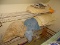 (LDRY) SHELF LOT; LOT INCLUDES BLANKETS, PILLOWS WITH SHAMS, ROLL OF FELT AND PR. OF WOODEN DUTCH