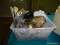 (GAMERM) CONTENTS ON BENCH; ITEMS INCLUDE- TUB WITH AMBER GLASS COOKWARE, CORELLE WARE BAKING DISH,