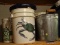 (BASE) BUCKET LOT; 5- 5 GAL. BUCKETS ONE IS A FISHERMAN'S SEAT BUCKET WITH A CRAB AND AN ALUMINUM