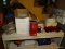 (BASE) SHELF LOT; LOT INCLUDES 9 RUBY GLASSES, 2 HAMMERED ALUMINUM SERVING PIECES, BAKING DISH WITH