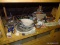 (ATTIC) SHELF LOT; LOT INCLUDES- SERVING BOWLS, 6 PCS. OF PEWTER NAUTICAL SERVING TRAYS, BERRY