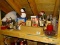 (ATTIC) SHELF LOT; LOT OF CHRISTMAS DECORATIONS- SNOWMEN FIGURES, 2 GLASS LIGHT UP SNOWPEOPLE AND