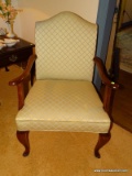 (LR) ARM CHAIR; CHERRY QUEEN ANNE ARM CHAIR WITH BEIGE AND BLUE UPHOLSTERY- VERY CLEAN- 27 IN X 23