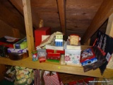 (ATTIC) 3 SHELF LOT; LOT INCLUDES CHRISTMAS WRAPPING PAPER, GIFT BAGS, CARDS, TINS, ETC.