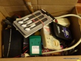 (OFFICE) BOX LOT OF TOOLS; BOX CONTAINS- 2 BATTERY TESTERS, 3 TOOL SETS IN CLOTH CASES, MEASURING