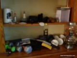 (OFFICE) SHELF LOT; LOT OF MISC.. ITEMS- HAND WEIGHTS, 4 PR. MEN'S SUNGLASSES, CLAY FLUTE, NEW