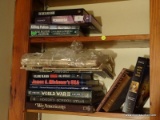 (OFFICE) BOOK LOT; 2 SHELVES OF BOOKS- WE AMERICANS, WWII BOOK SET OF 8 DVDS, GONE WITH THE WIND,