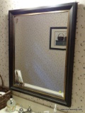 (HALF BATH) MIRROR- FRAMED BEVELED GLASS MIRROR IN BLACK AND GOLD FRAME- 26 IN X 32 IN