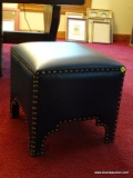 (FAMRM) FOOT STOOL; ONE OF A PR. OF BOMBAY FAUX LEATHER BLUE FOOT STOOLS WITH BRASS STUDS- 14 IN X