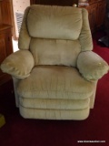 (FAMRM) RECLINER; LAZY BOY BEIGE UPHOLSTERY RECLINER- SHOWS SOME STAINING- 41 IN X 31 IN X 40 IN