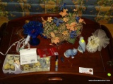 (LR) MISC.. LOT; LOT INCLUDES- RUFFLED EDGE BLUE COMPOTE, PARROT AND CAT FIGURINE, TEA CANDLES,