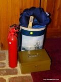 (FAMRM) MISC.. LOT; LOT INCLUDES 2 FIRE EXTINGUISHERS, METAL NAUTICAL THEME TRASH CAN, NECK PILLOWS,