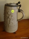 (FAMRM) STEIN; ANTIQUE GERMAN SALT GLAZE STEIN WITH RELIEF FIGURES, PEWTER AND PORCELAIN TOP- 9 IN H