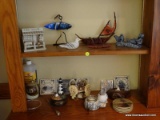 (FAMRM) CONTENTS OF LOWER 2 SHELVES; LOT INCLUDES- FISH HOUSE COASTER HOLDER, ALASKAN SCULPTURE OF