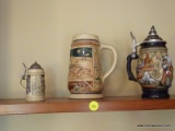 (FAMRM) STEINS; SHELF LOT OF 2 GERMAN STEINS AND A MUG- 4 IN STEIN WITH PEWTER TOP, 7 IN STEIN WITH