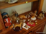 (FAMRM) SHELF OF DOG FIGURINES; SHELF LOT OF BULL DOG FIGURINES FROM PORCELAIN TO COMPOSITION