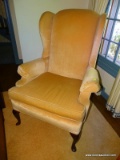 (LR) WING CHAIR; LAINE OF HICKORY MAHOGANY QUEEN ANN WING CHAIR IN IVORY VELVET UPHOLSTERY- VERY