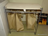 (LDRY) ROLLING CART WITH IRONING BOARD TOP AND HANGING LAUNDRY BAGS- 30 IN X 16 IN X 35 IN