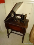 (LDRY) SEWING MACHINE AND CABINET; VINTAGE WALNUT SEWING CABINET WITH STENCIL PAINTED ELECTRIC