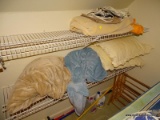 (LDRY) SHELF LOT; LOT INCLUDES BLANKETS, PILLOWS WITH SHAMS, ROLL OF FELT AND PR. OF WOODEN DUTCH