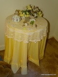 (BD3) TABLE AND CONTENTS; ROUND ACCENT TABLE- 20 IN DIA. AND 26 IN H INCLUDES CONTENTS- TABLECLOTH,