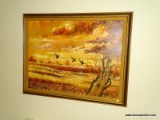 (BD3) FRAMED PAINTING; FRAMED OIL ON CANVAS OF WATER SCENE WITH DUCKS IN FLIGHT BY THOMAS PELL IN
