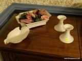 (DR) LENOX; 3 PCS. OF LENOX- DOVE SHAPED CANDY DISH, PR. OF 3 IN CANDLEHOLDERS, 10 IN LONG BOWL WITH