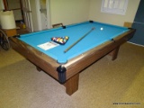 (GAMERM) POOL TABLE; BRUNSWICK 8 FT. POOL TABLE THAT INCLUDES TABLE TOP TENNIS TOP, BALLS, RACK, CUE