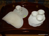(DR) MILK GLASS LOT; 8 LUNCHEON PLATES, 4 CUPS, HANDLED SANDWICH PLATE AND FRUIT BASKET