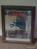 (GAMERM) ADVERTISING MIRROR; SOUTHERN COMFORT ADVERTISING MIRROR IN FAUX WOOD FRAME- 19 IN X 24 IN