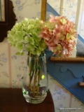 (HALL) VASE WITH FLOWERS; GLASS AND BEADED VASE WITH SILK FLOWERS- 28 IN H