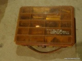 (BASE) TACKLE BOX; TACKLE BOX AND CONTENTS- WEIGHTS, SPOONERS, 2 MINNOWS, GUMMY BAITS, ETC.