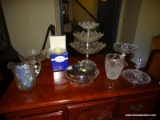 (DR) MISC.. LOT OF GLASS; LOT INCLUDES- CRYSTAL COMPOTE- 6 IN H, PRESSED GLASS 3 TIER PASTRY SERVER-
