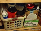(BASE) FOOD STORAGE CONTAINERS; BASKET AND BOX OF PLASTIC FOOD STORAGE CONTAINERS SOME BEING