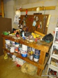(BASE) WORKBENCH AND CONTENTS- WOODEN WORK BENCH- 68.5 IN X 26.5 IN X 27 IN - INCLUDES ALL ITEMS OR