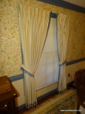 (DR) DRAPES; ONE SET OF IVORY AND BLUE TASSELED WINDOW DRAPES ( MATCH 21)- 84 IN L