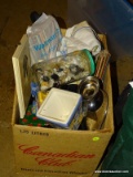 (BASE) BOX LOT; MISC.. LOT TO INCLUDE ALUMINUM GRAVY BOAT WITH UNDERPLATE, MULTICOLOR BAMBOO TYPE