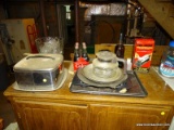 (BASE) SHELF LOT; LOT INCLUDES ALUMINUM CAKE SAVER, LARGE FRUIT COMPOTE WITH PUNCH CUPS, BAKING AND