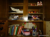 (KIT) CABINET; CONTENTS OF ENTIRE CABINET- LOT INCLUDES- CHRISTMAS AND HALLOWEEN DECORATIONS,