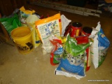 (BASE) LARGE LOT OF BAGGED CHEMICALS; ROCK SALT, WEED CONTROL, FERTILIZER, GRASS SEED, ETC. ( SOME