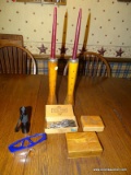 (KIT) MISC.. LOT; LOT INCLUDES PR. OF BOBBIN SPINDLE CANDLEHOLDERS AND 3 WOODEN BOXES- TEN-TEN CIGAR