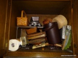 (KIT) CABINET LOT; LOT INCLUDES ICE BUCKET, WOODEN TRAYS, WOODEN BASKETS, MUFFIN TINS, BAKING PANS,